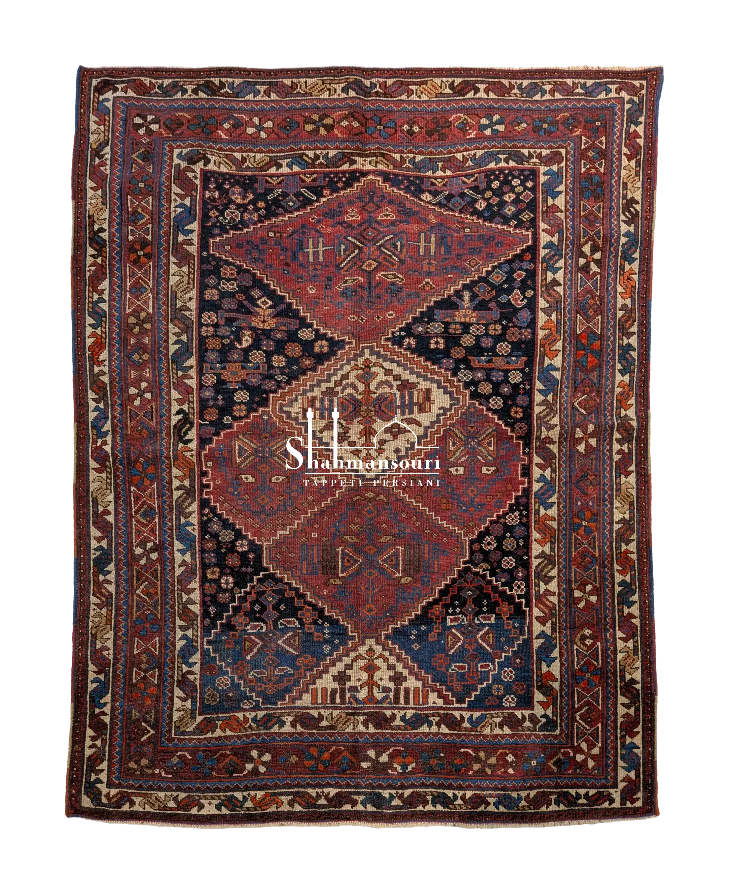 Rectangular Afshar rug, 170 × 130 cm, with geometric medallions, multiple borders, and red, blue and ivory tones.