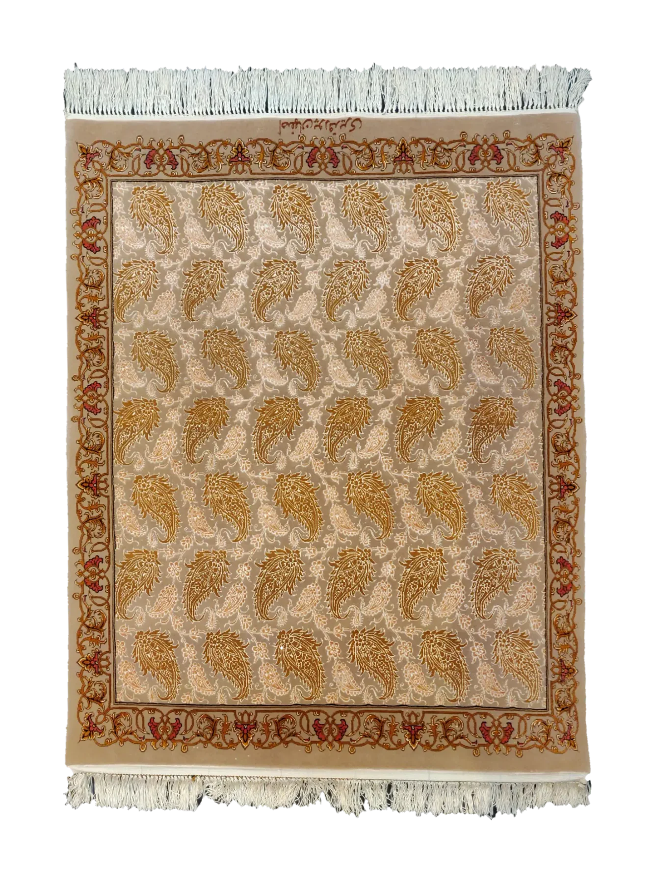 Signed Persian Isfahan rug 105x75 with silk warp and weft, cream field and boteh motifs