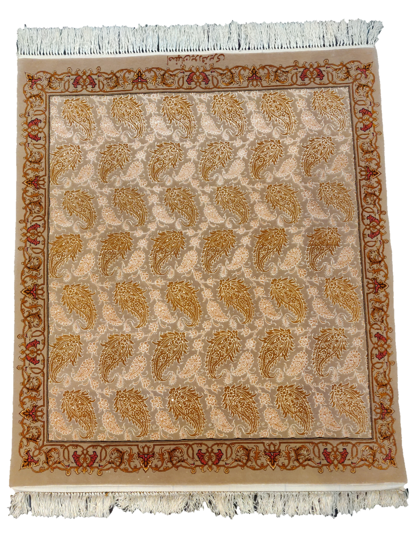 Signed Persian Isfahan rug 105x75 with silk warp and weft, cream field and boteh motifs