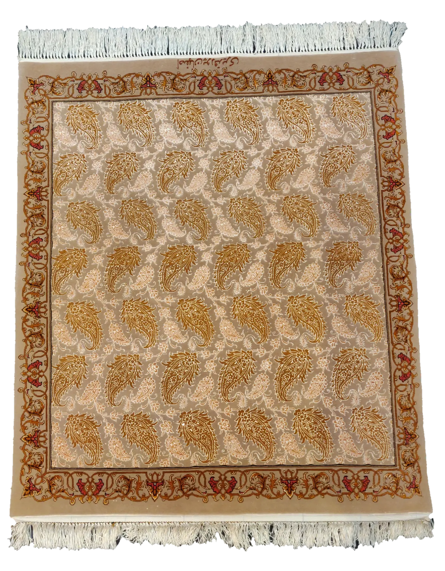 Signed Persian Isfahan rug 105x75 with silk warp and weft, cream field and boteh motifs