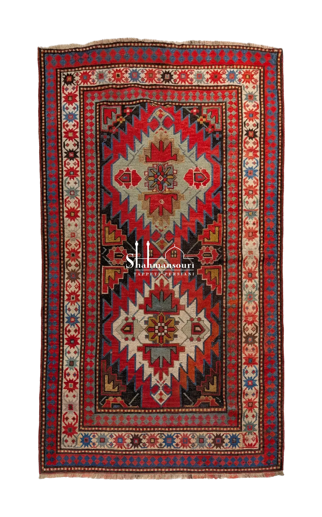 Rectangular Kazak rug with two geometric medallions, multiple patterned borders and short fringes.