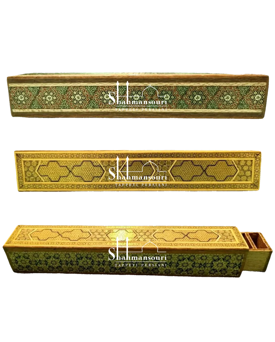Rectangular Khatam box with geometric patterns on the lid, stars along the sides and a partially extended inner compartment.