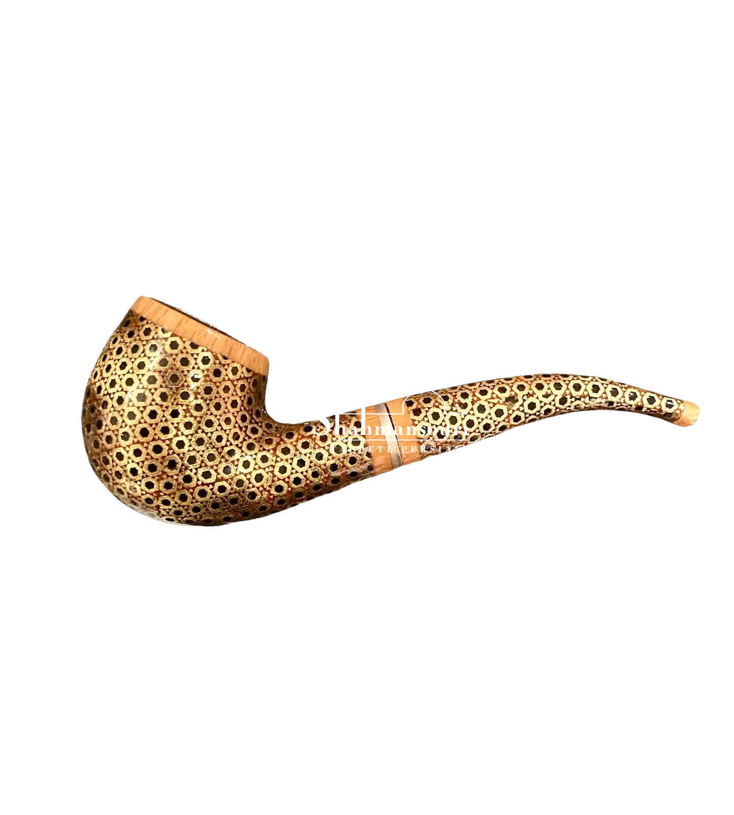 Curved Khatam pipe with light and dark geometric motifs, honey-coloured bands and a narrow silver-coloured central join.