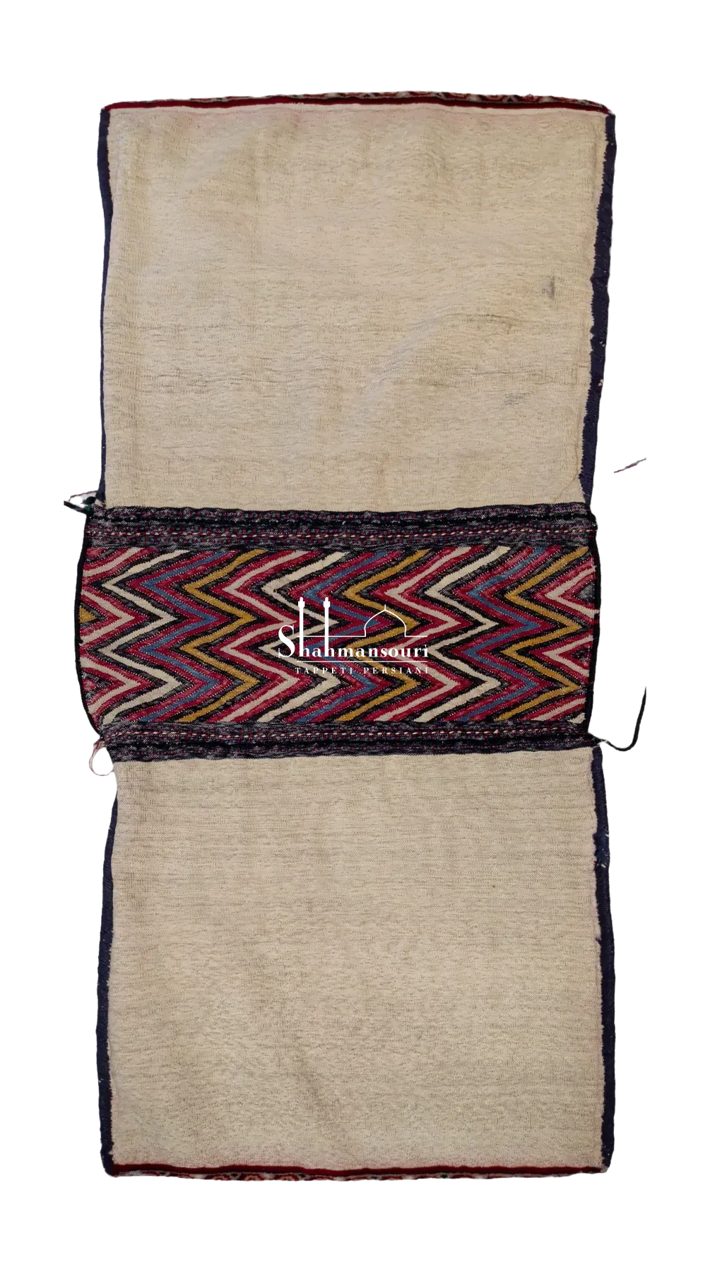 Open khorjin with two geometric medallion panels and a central multicoloured zigzag section. - detail 2