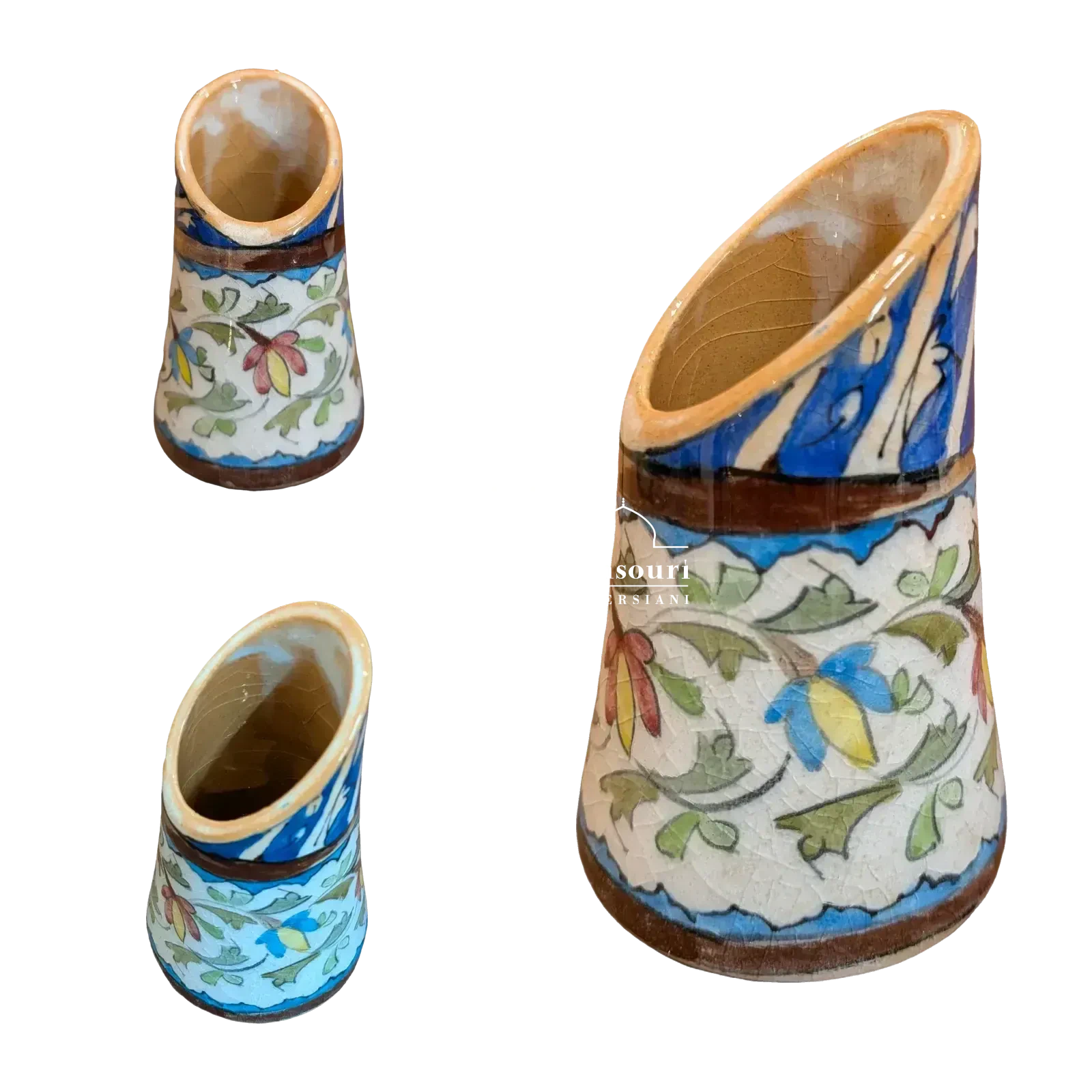 Slender Persian maiolica with an angled oval opening and blue, green, red and yellow floral motifs.