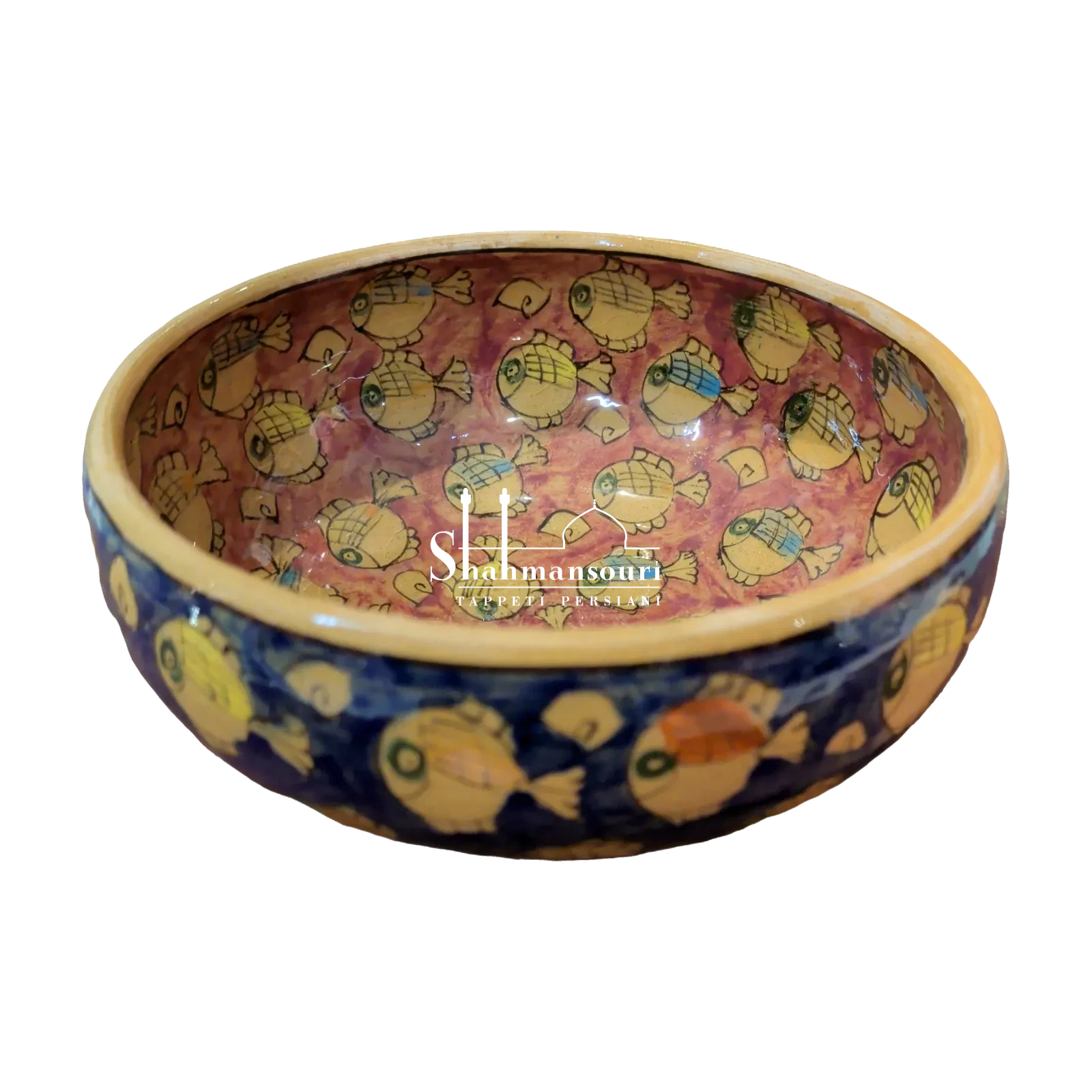 Coppa in maiolica con pesci stilizzati tondeggianti, fondo rosa interno, blu esterno, bordo e piccolo piede color crema. - dettaglio 3