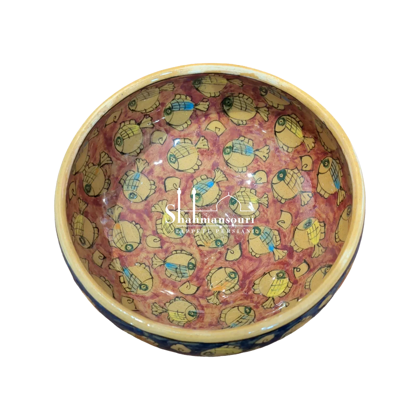 Coppa in maiolica con pesci stilizzati tondeggianti, fondo rosa interno, blu esterno, bordo e piccolo piede color crema. - dettaglio 4