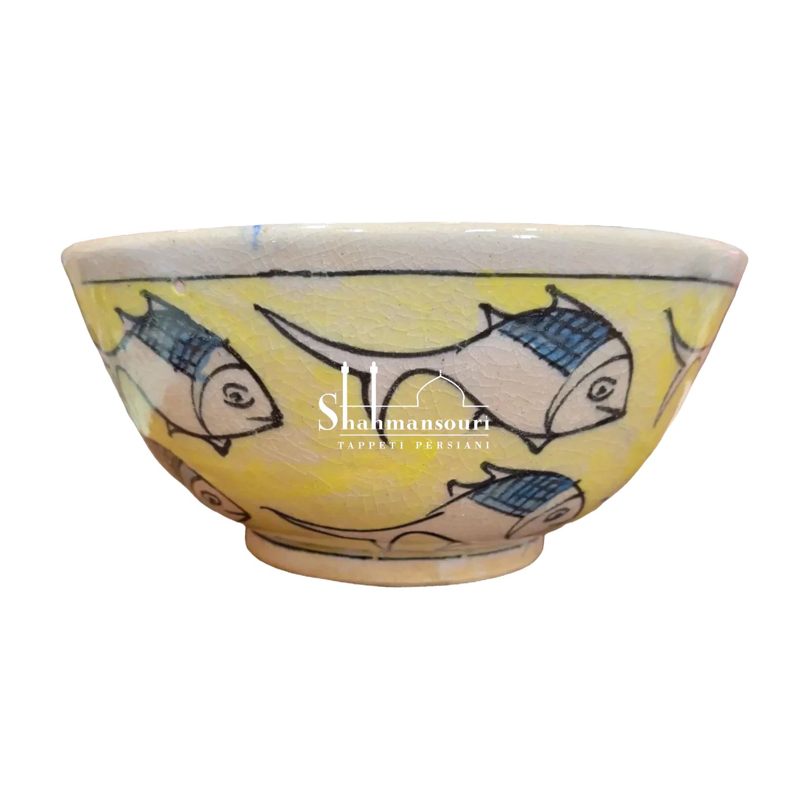 Maiolica bowl on a small foot, with stylised fish featuring blue and green details on a yellow background and a light-coloured rim. - detail 2