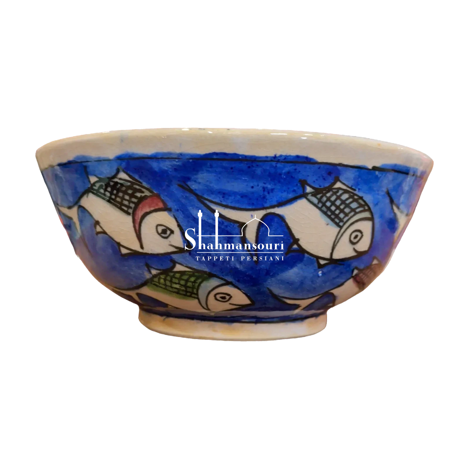 Maiolica bowl with light-coloured stylised fish on a blue background, grid details, a cream-coloured rim and a small circular foot. - detail 2