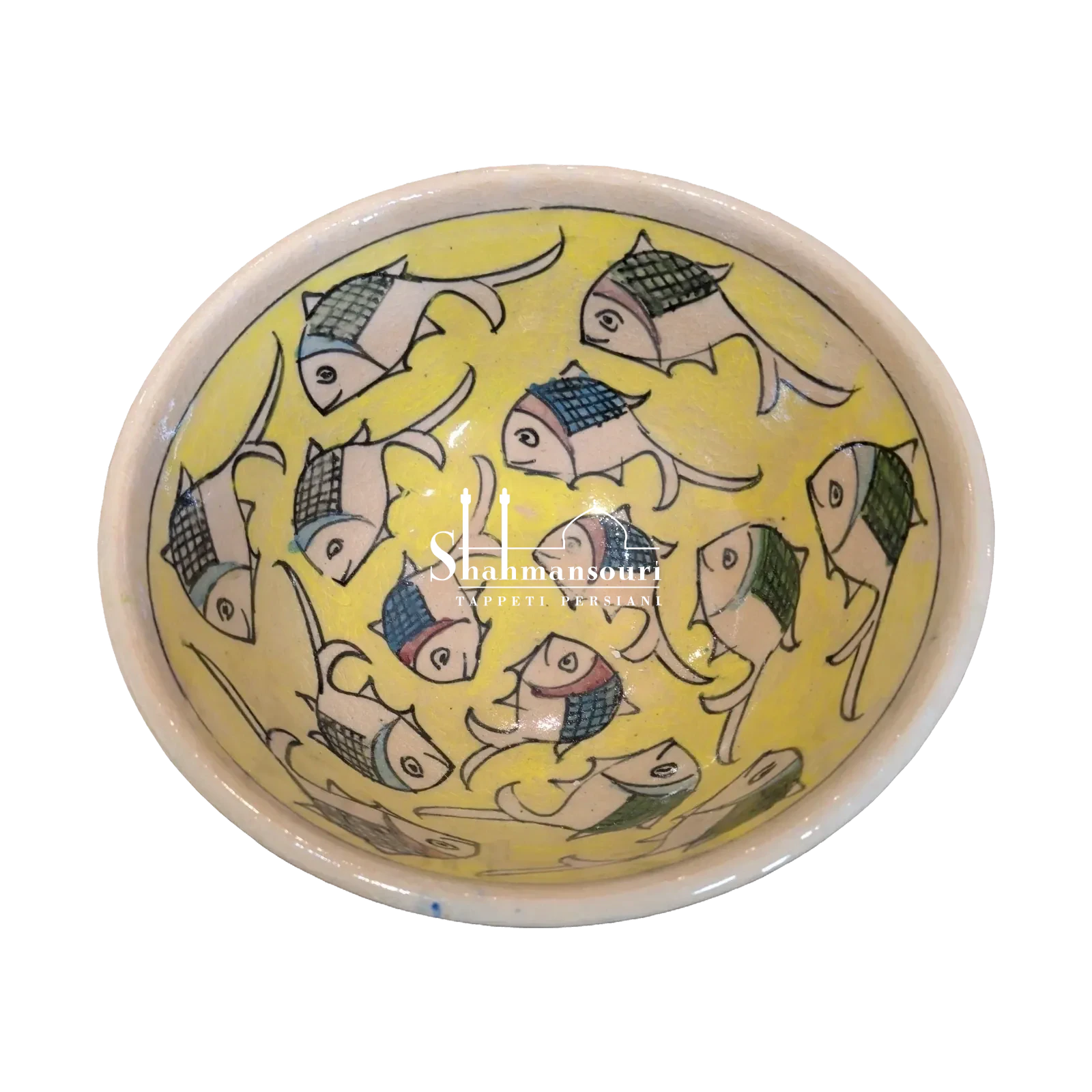 Maiolica bowl on a small foot, with stylised fish featuring blue and green details on a yellow background and a light-coloured rim. - detail 3