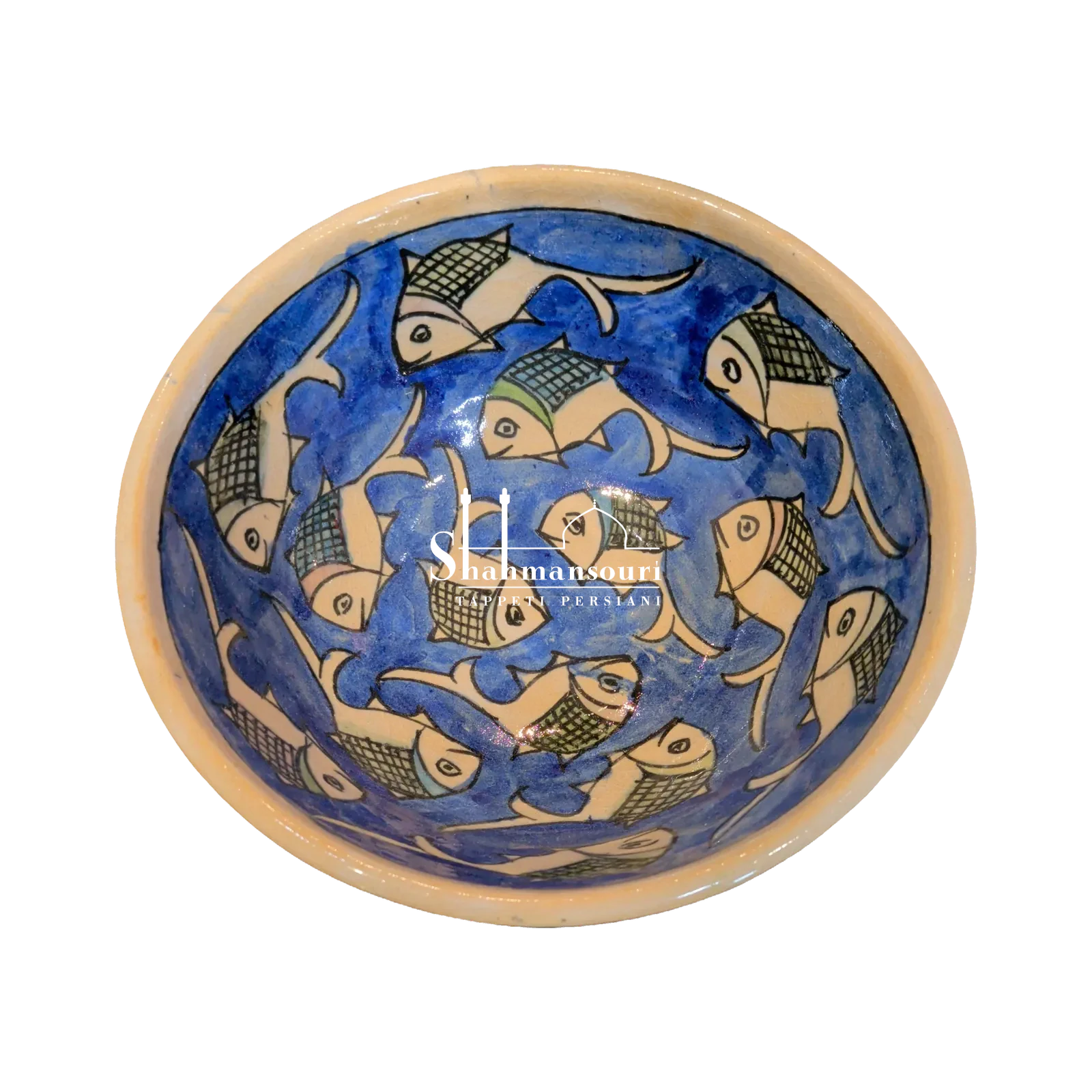 Maiolica bowl with light-coloured stylised fish on a blue background, grid details, a cream-coloured rim and a small circular foot. - detail 3