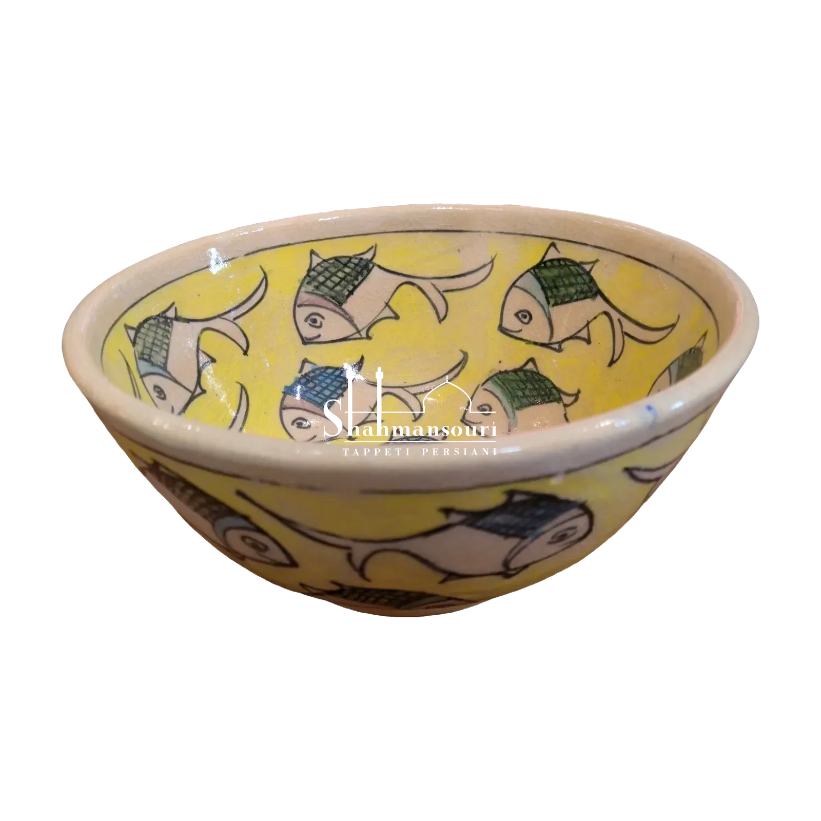 Maiolica bowl on a small foot, with stylised fish featuring blue and green details on a yellow background and a light-coloured rim. - detail 4