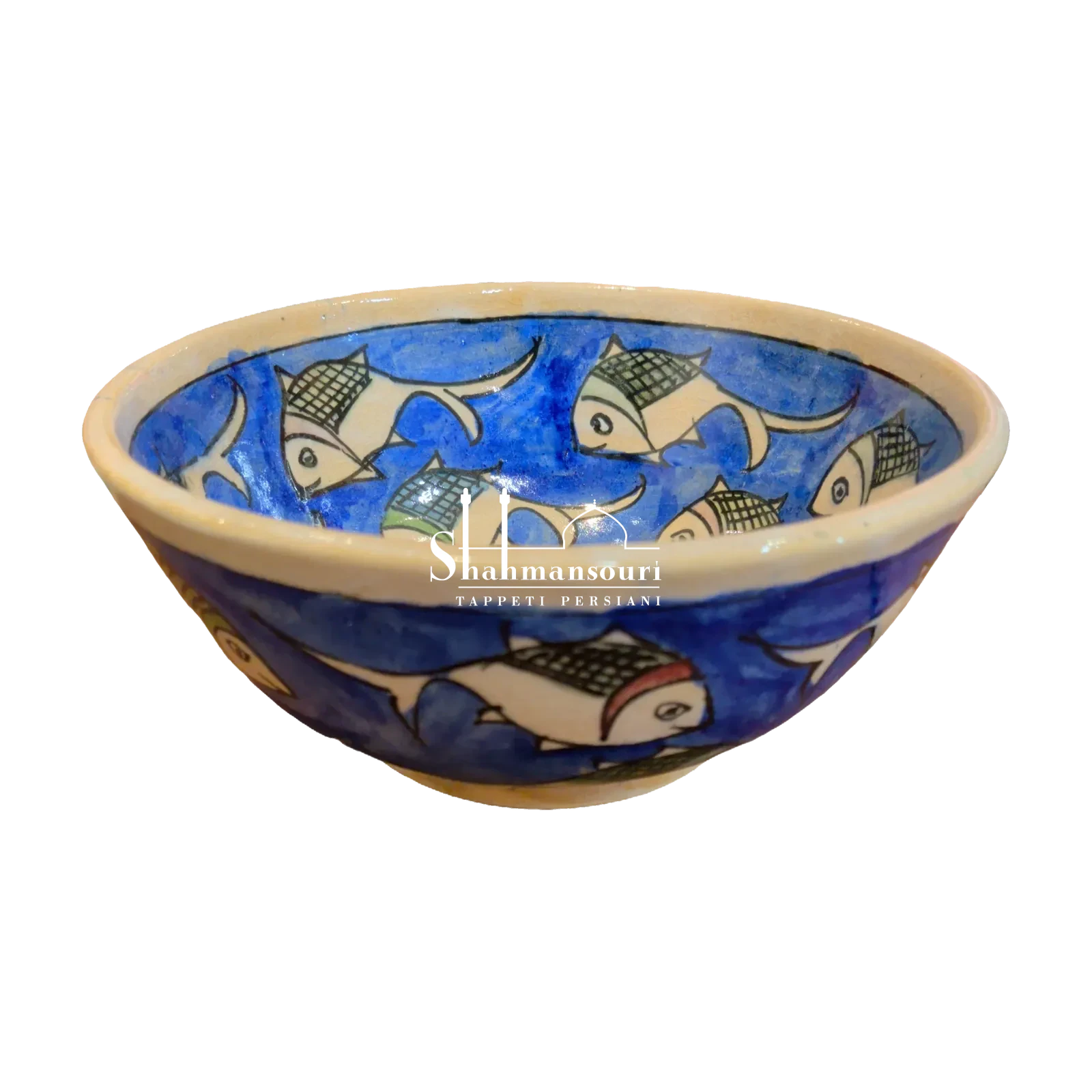 Maiolica bowl with light-coloured stylised fish on a blue background, grid details, a cream-coloured rim and a small circular foot. - detail 4