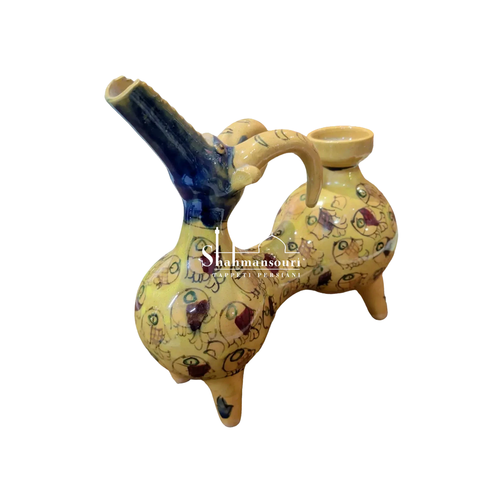 Statua in maiolica con corpo giallo decorato da pesci, quattro zampe corte, testa blu dal muso allungato e corna gialle ricurve. - dettaglio 4