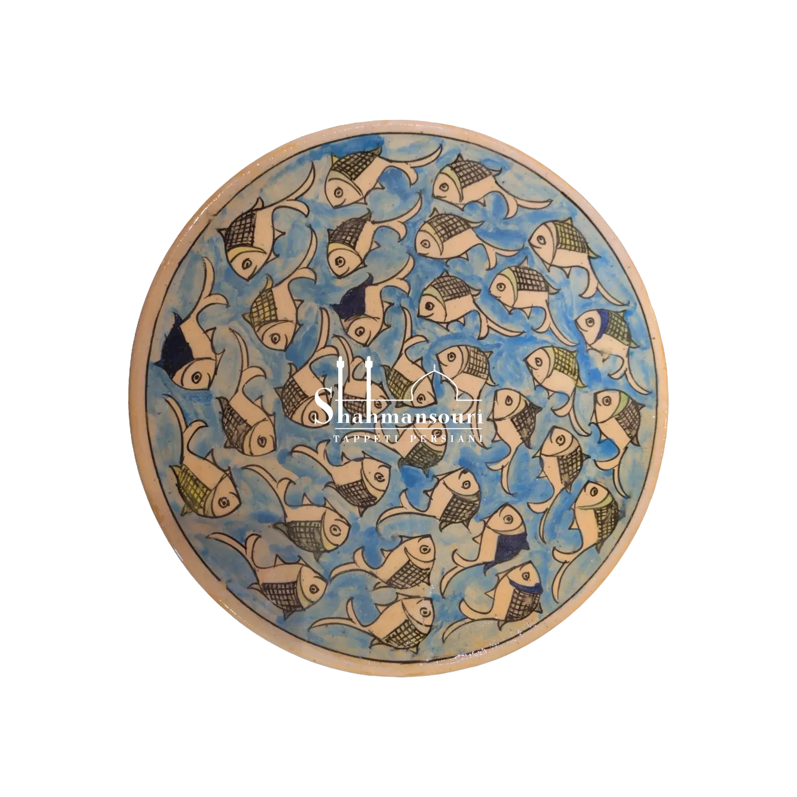 Piatto circolare in maiolica con numerosi pesci color crema dai contorni scuri su fondo azzurro e bordo chiaro. - dettaglio 2
