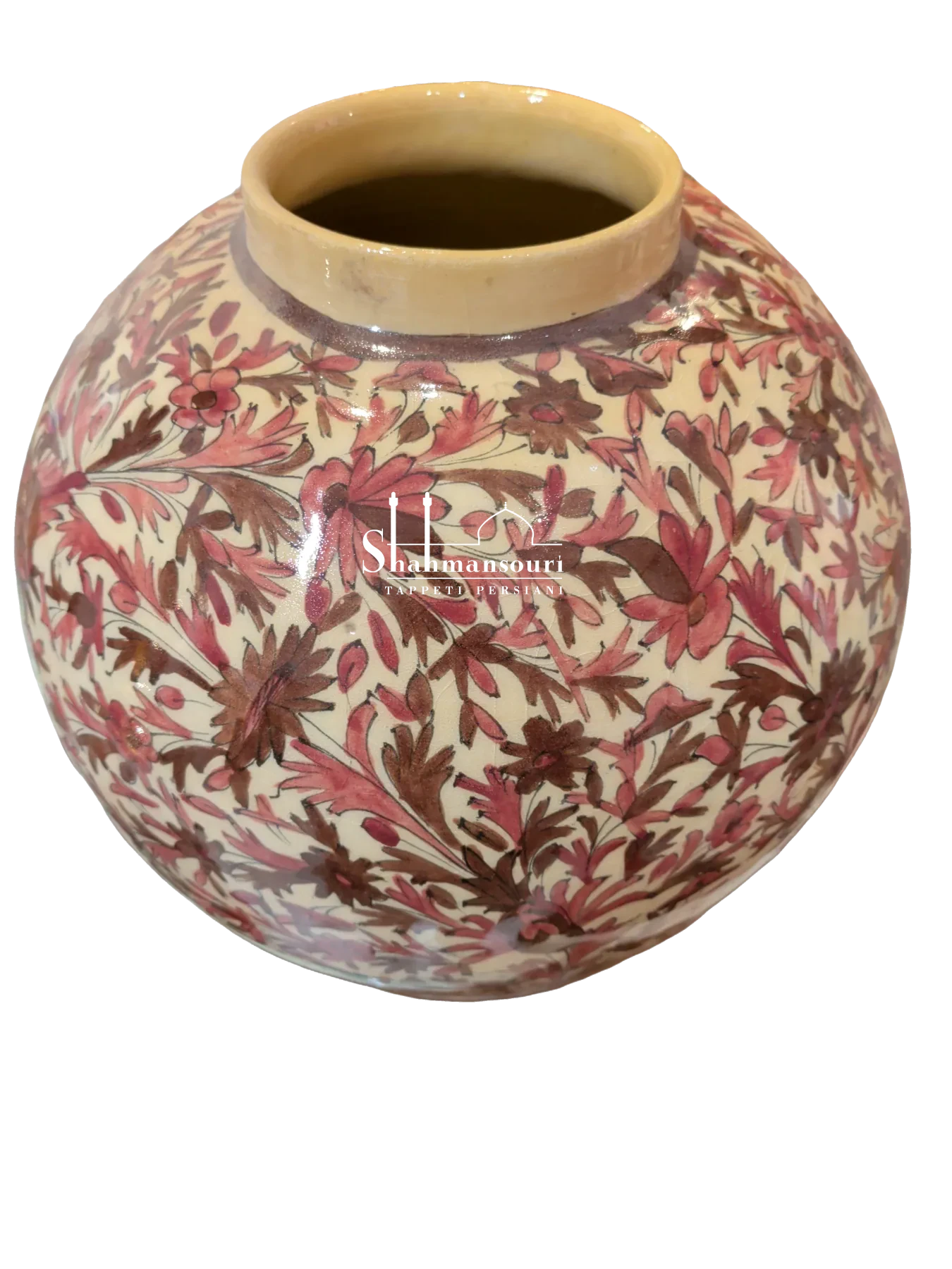 Vaso in maiolica dal corpo arrotondato, con fiori e foglie rosa e bruni su fondo color crema, collo corto e piede circolare. - dettaglio 2