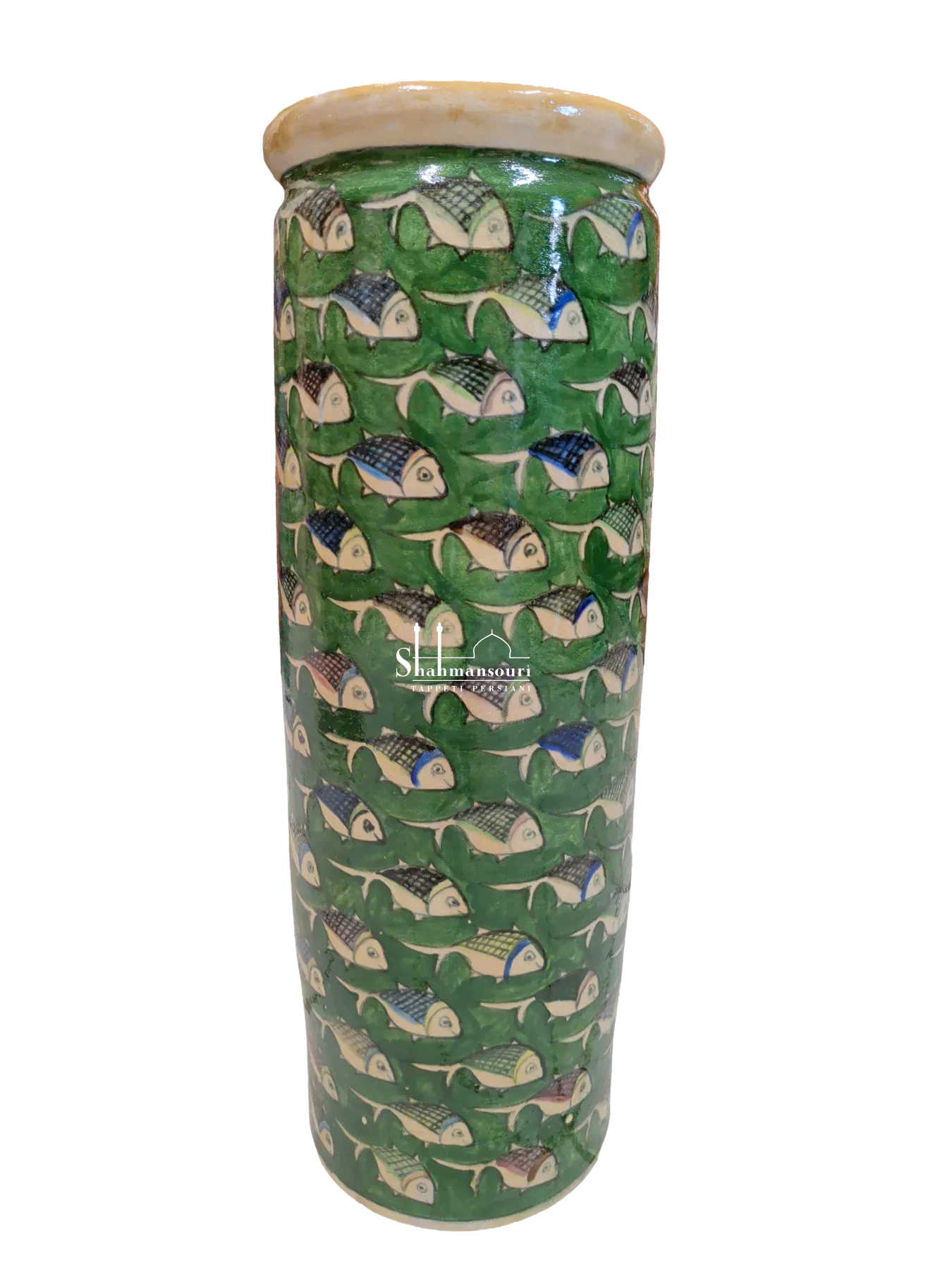Portaombrelli cilindrico in maiolica con pesci stilizzati chiari su fondo verde e ampio bordo arrotondato color crema.