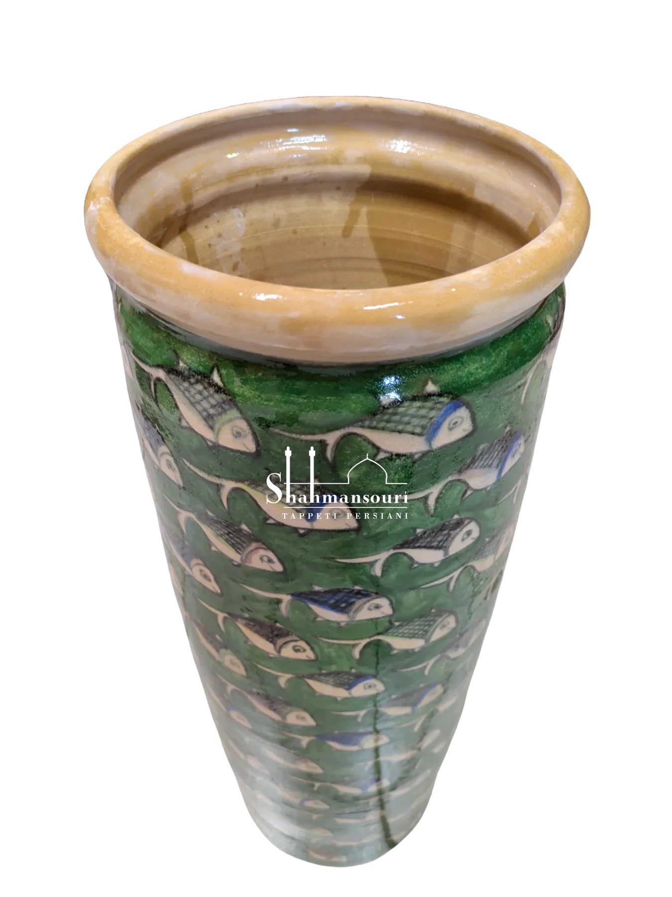 Portaombrelli cilindrico in maiolica con pesci stilizzati chiari su fondo verde e ampio bordo arrotondato color crema. - dettaglio 2