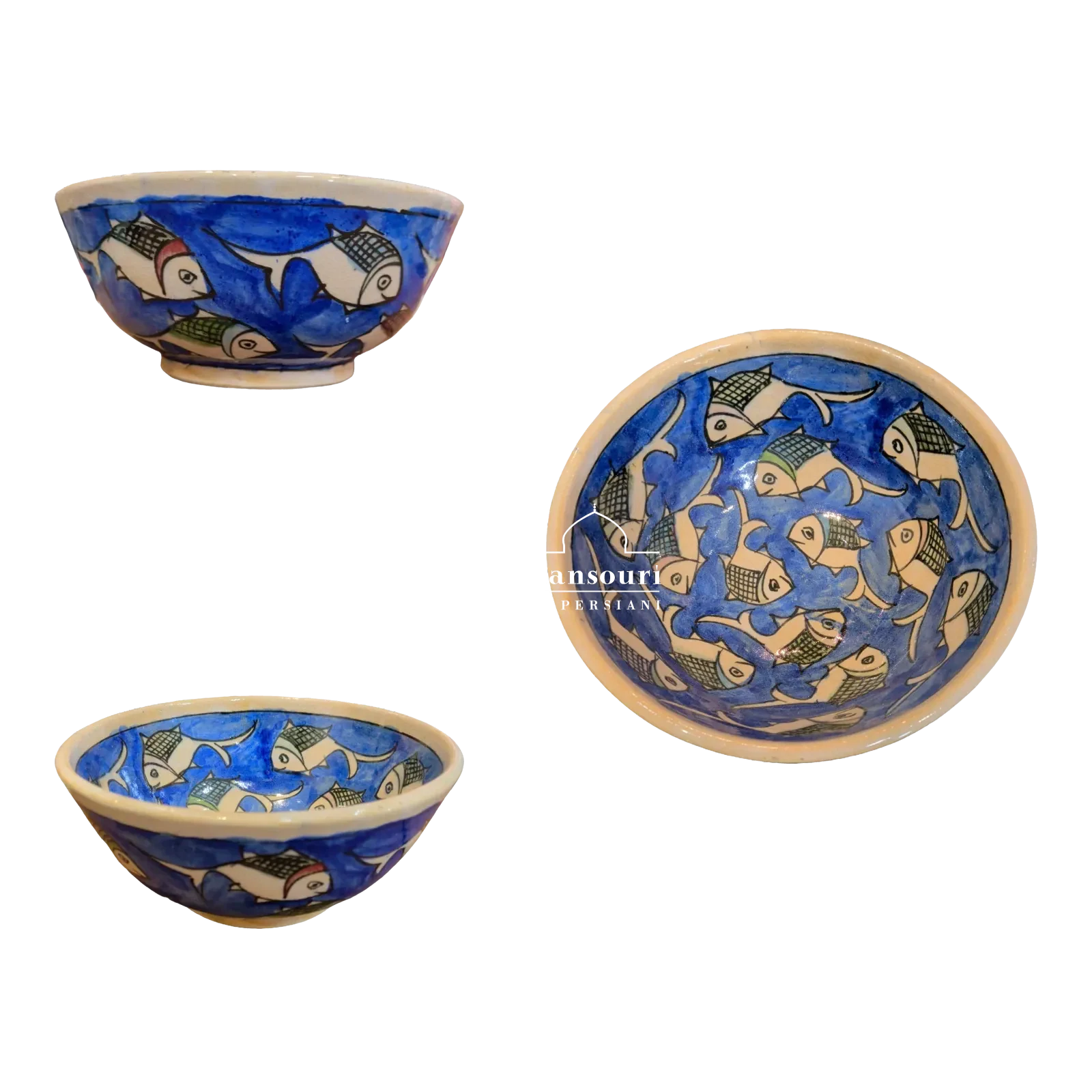Maiolica bowl with light-coloured stylised fish on a blue background, grid details, a cream-coloured rim and a small circular foot.