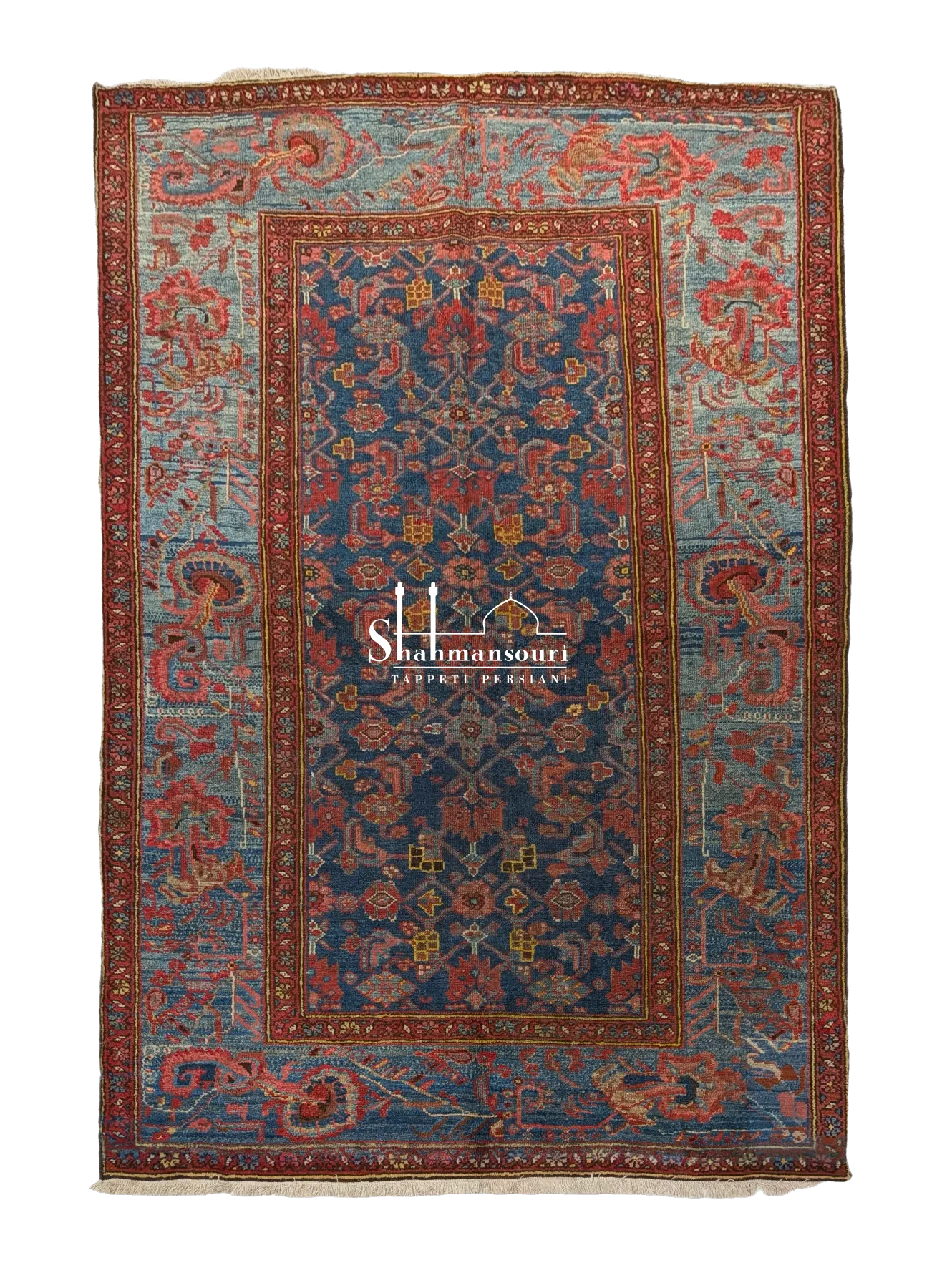 Rectangular Malayer rug, 181 x 129 cm, with a dark blue patterned field, light blue border and pale fringes.