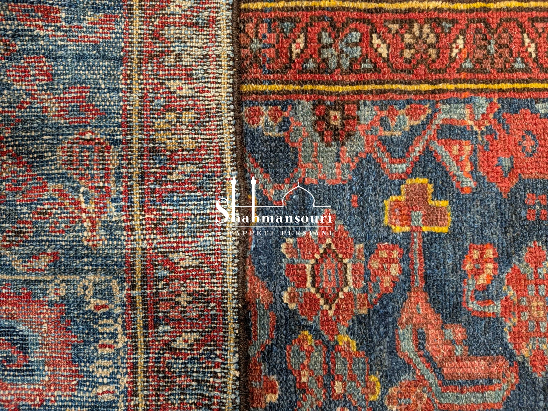 Rectangular Malayer rug, 181 x 129 cm, with a dark blue patterned field, light blue border and pale fringes. - detail 3