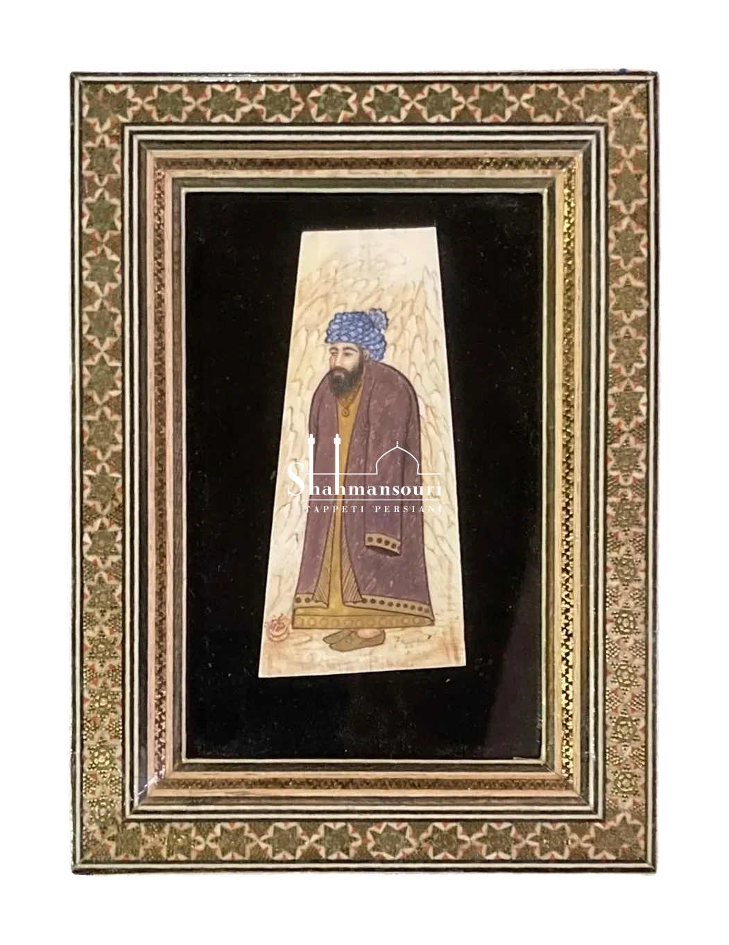 Framed Persian miniature of a standing figure in purple and ochre clothing, mounted on black within a geometric frame.