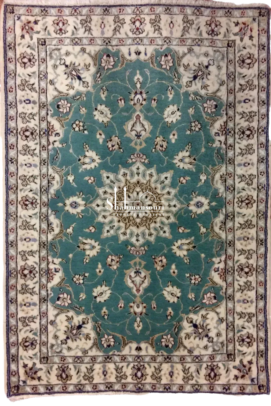 light blue and ivory Nain 6La Persian rug with floral central medallion