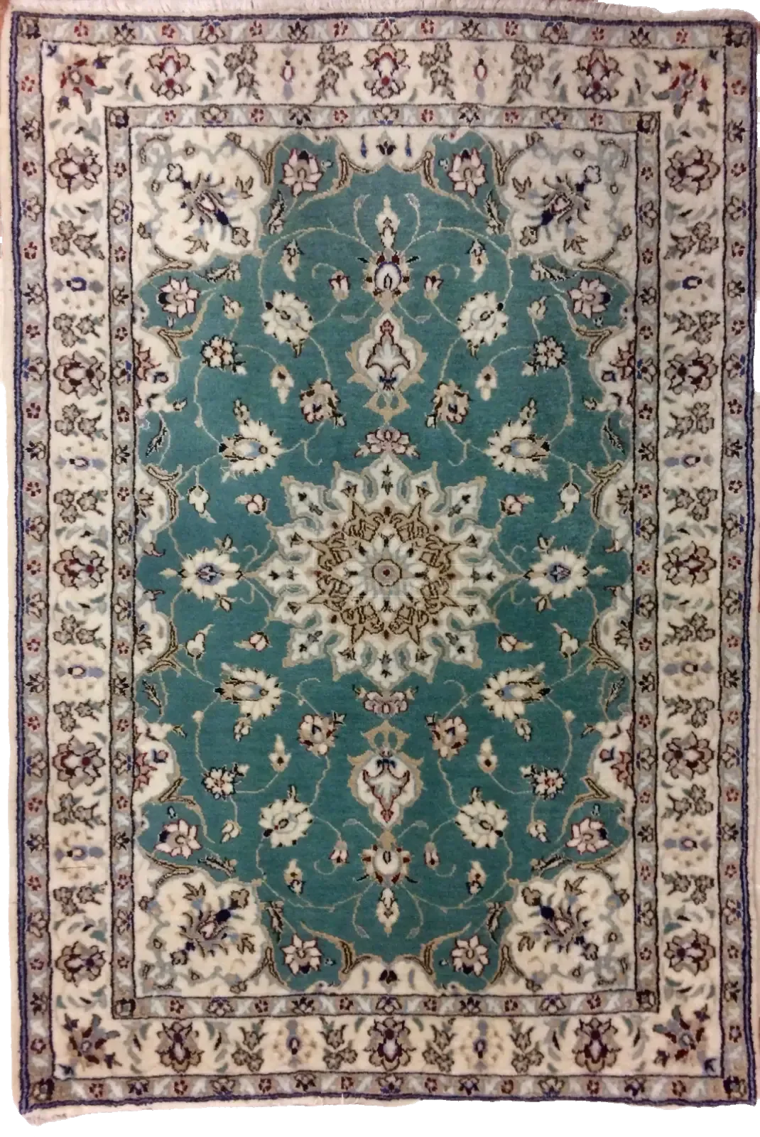 light blue and ivory Nain 6La Persian rug with floral central medallion