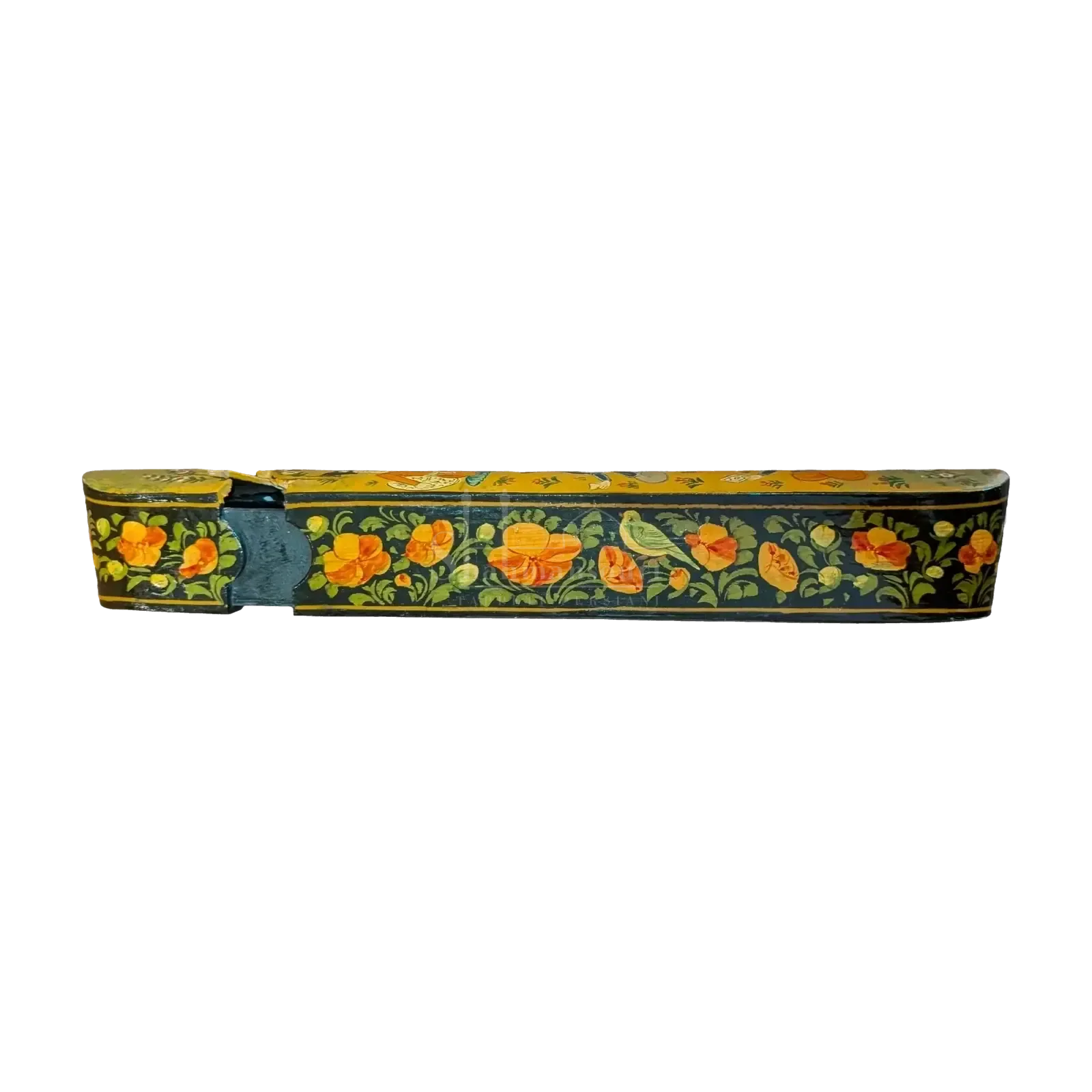 Long, narrow papier-mâché box with three figures on a yellow top and orange floral motifs along dark sides. - detail 3