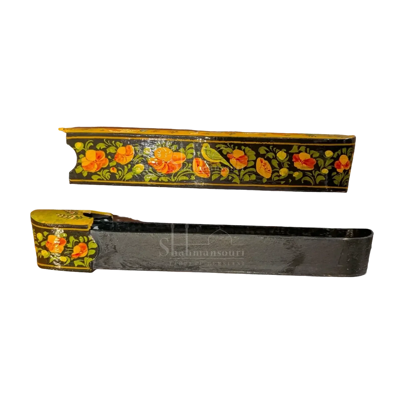 Long, narrow papier-mâché box with three figures on a yellow top and orange floral motifs along dark sides. - detail 4