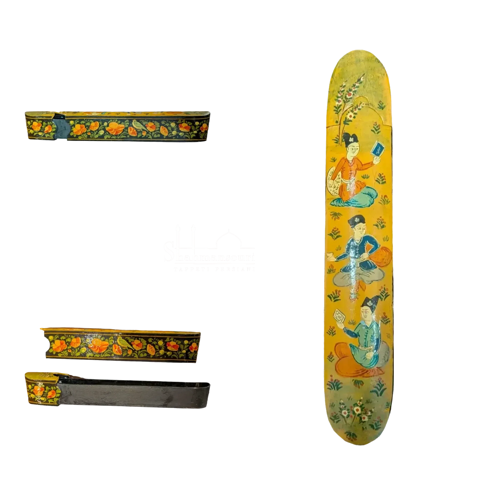 Long, narrow papier-mâché box with three figures on a yellow top and orange floral motifs along dark sides.
