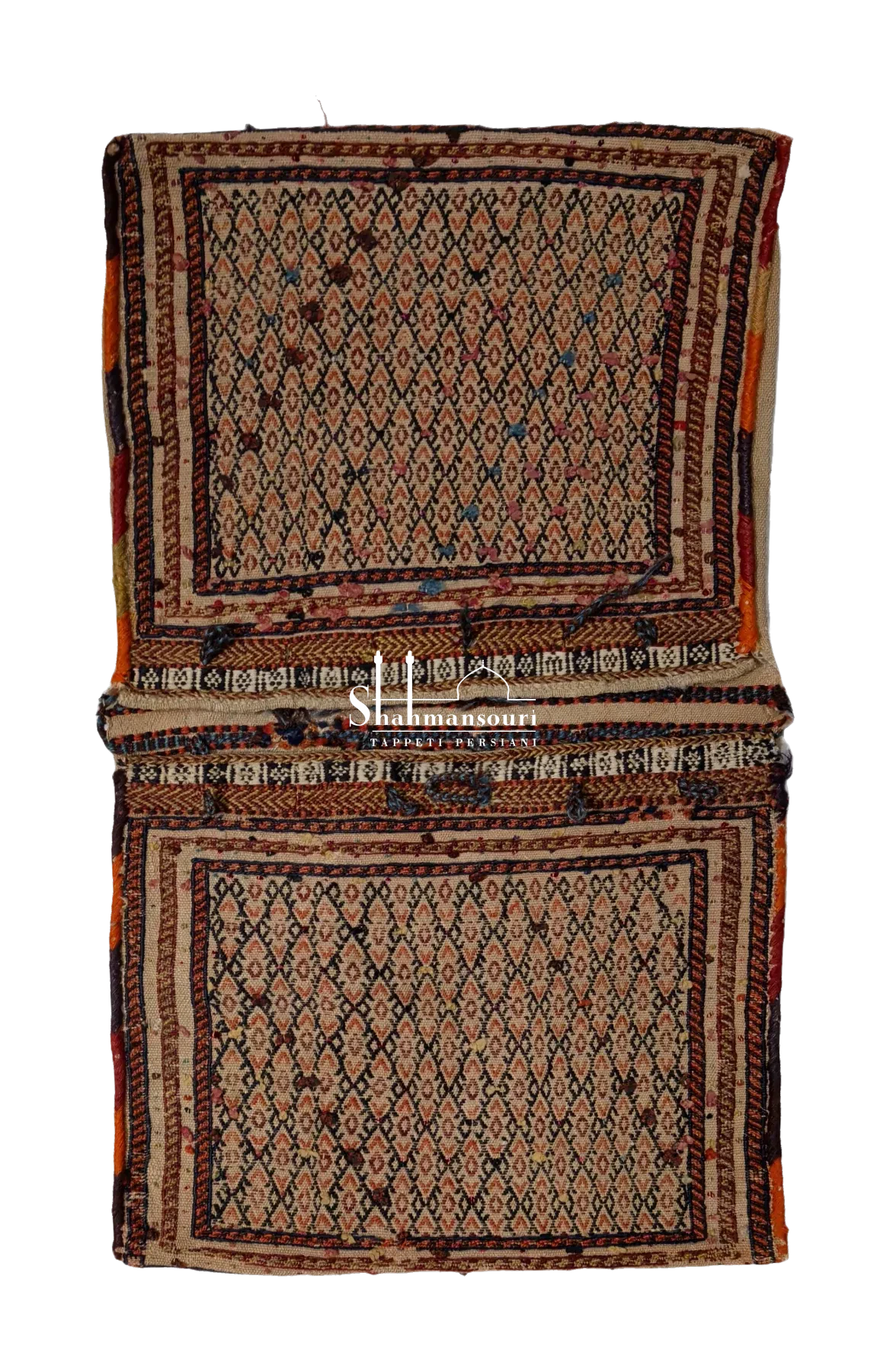Khorjin Qashqai persiano con due tasche chiare a fitto disegno geometrico, bordure sottili e cordoncini di chiusura.