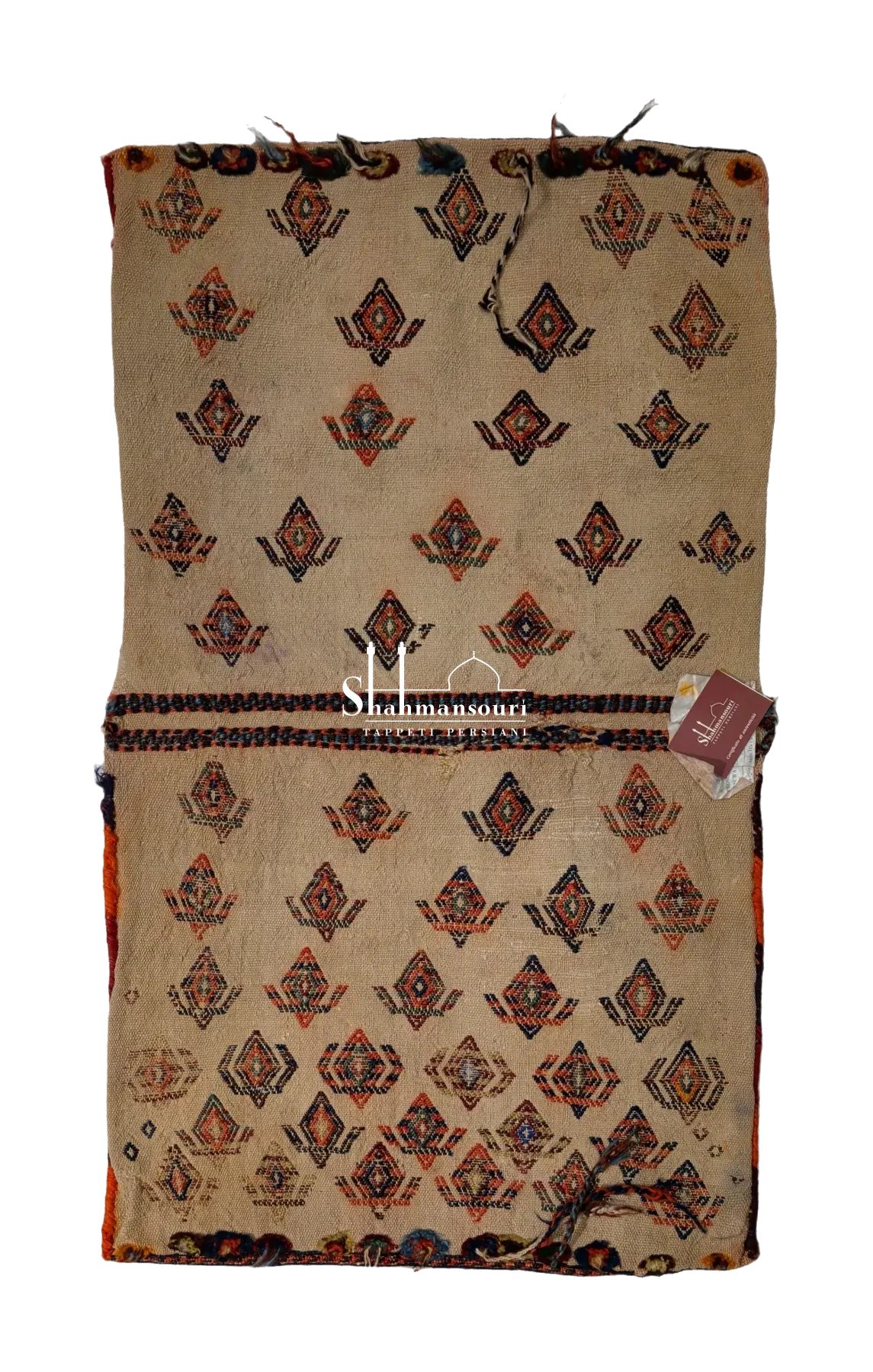 Khorjin Qashqai persiano con due tasche chiare a fitto disegno geometrico, bordure sottili e cordoncini di chiusura. - dettaglio 2