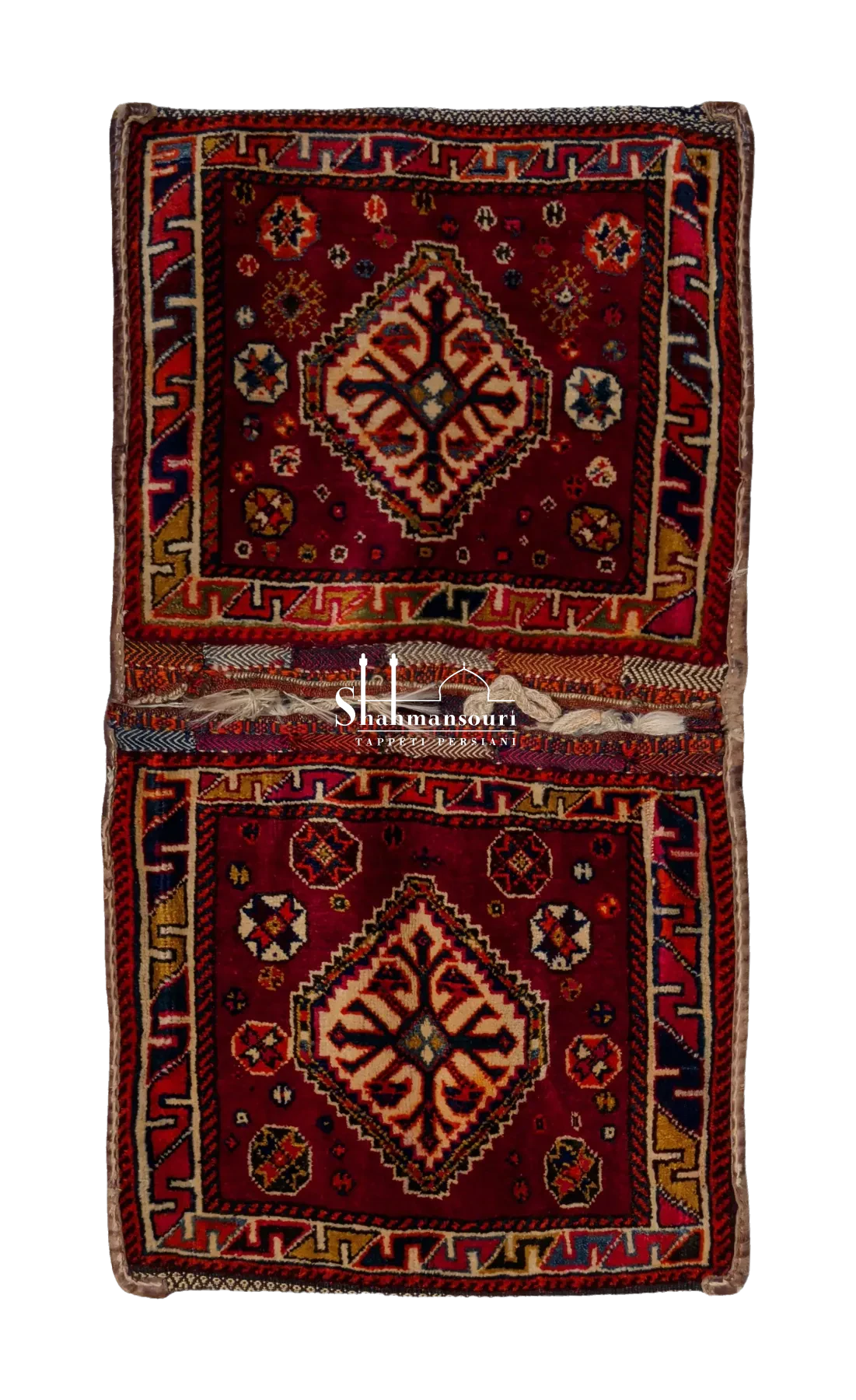 Qashqai persiano a due pannelli rossi con medaglioni romboidali chiari, rosette policrome e bordure geometriche. - dettaglio 3
