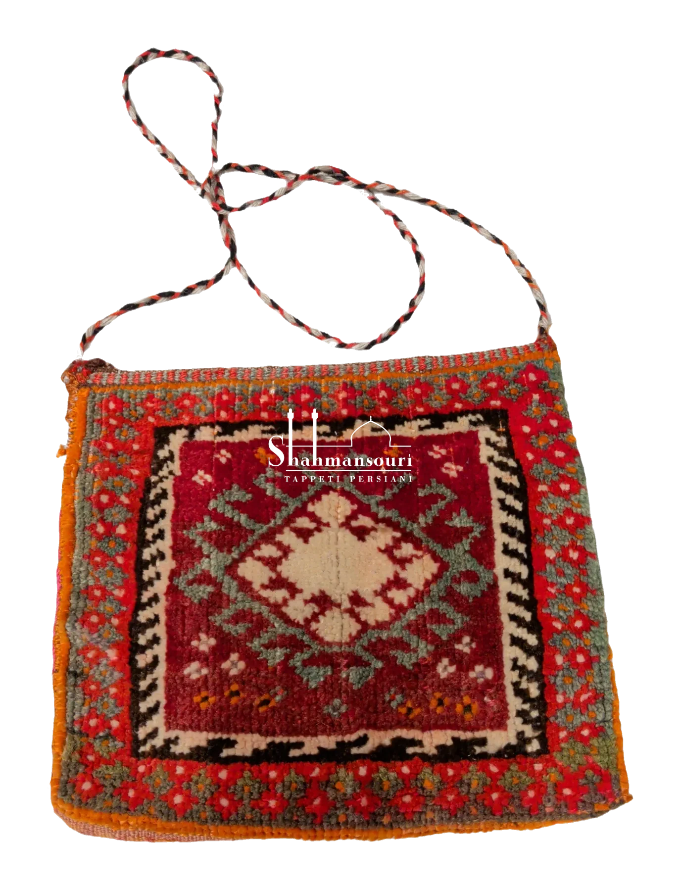 Qashqai persiano rosso con rombo avorio, motivi verde grigio, bordura a fiori rossi e cordoncino intrecciato.