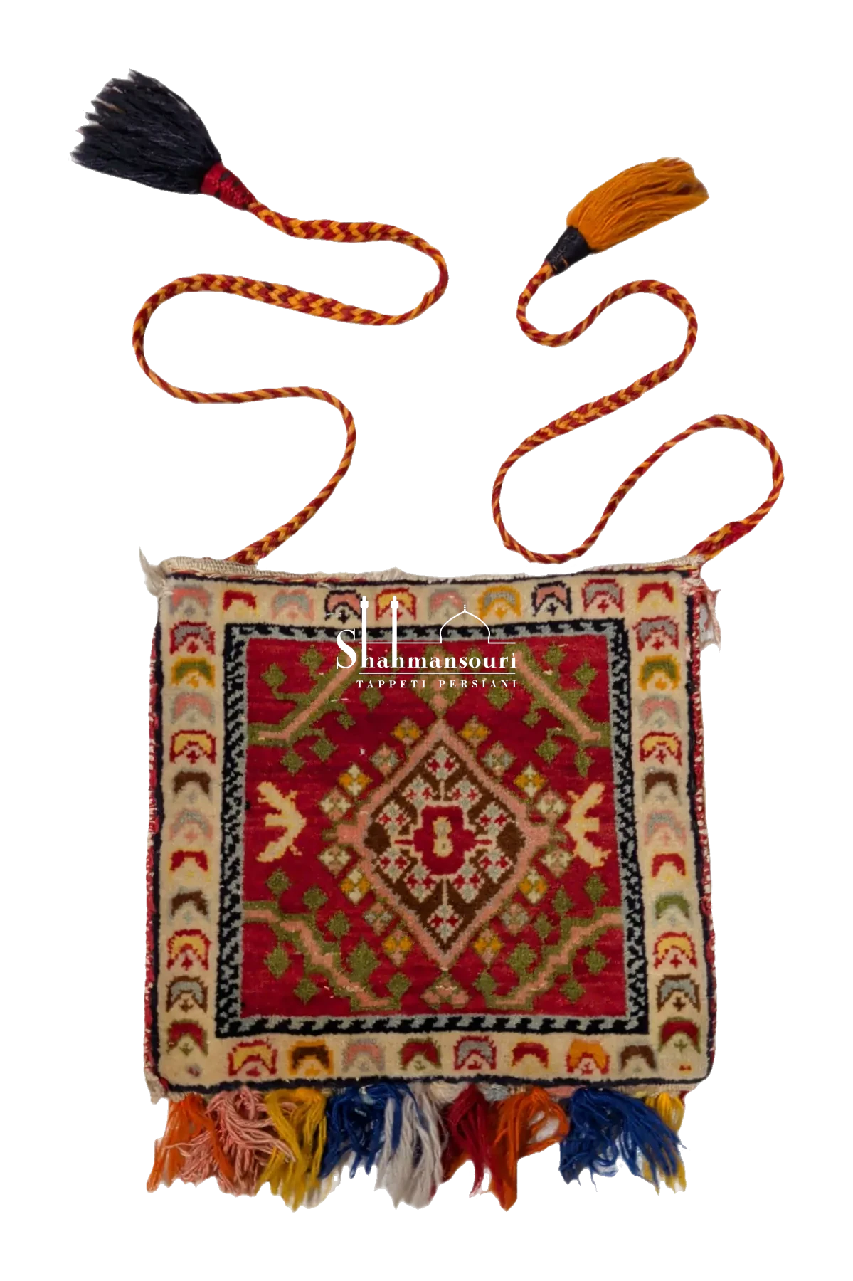 Qashqai persiano rosso con medaglione romboidale, bordura avorio, nappe multicolori e cordoncini rossi e gialli.