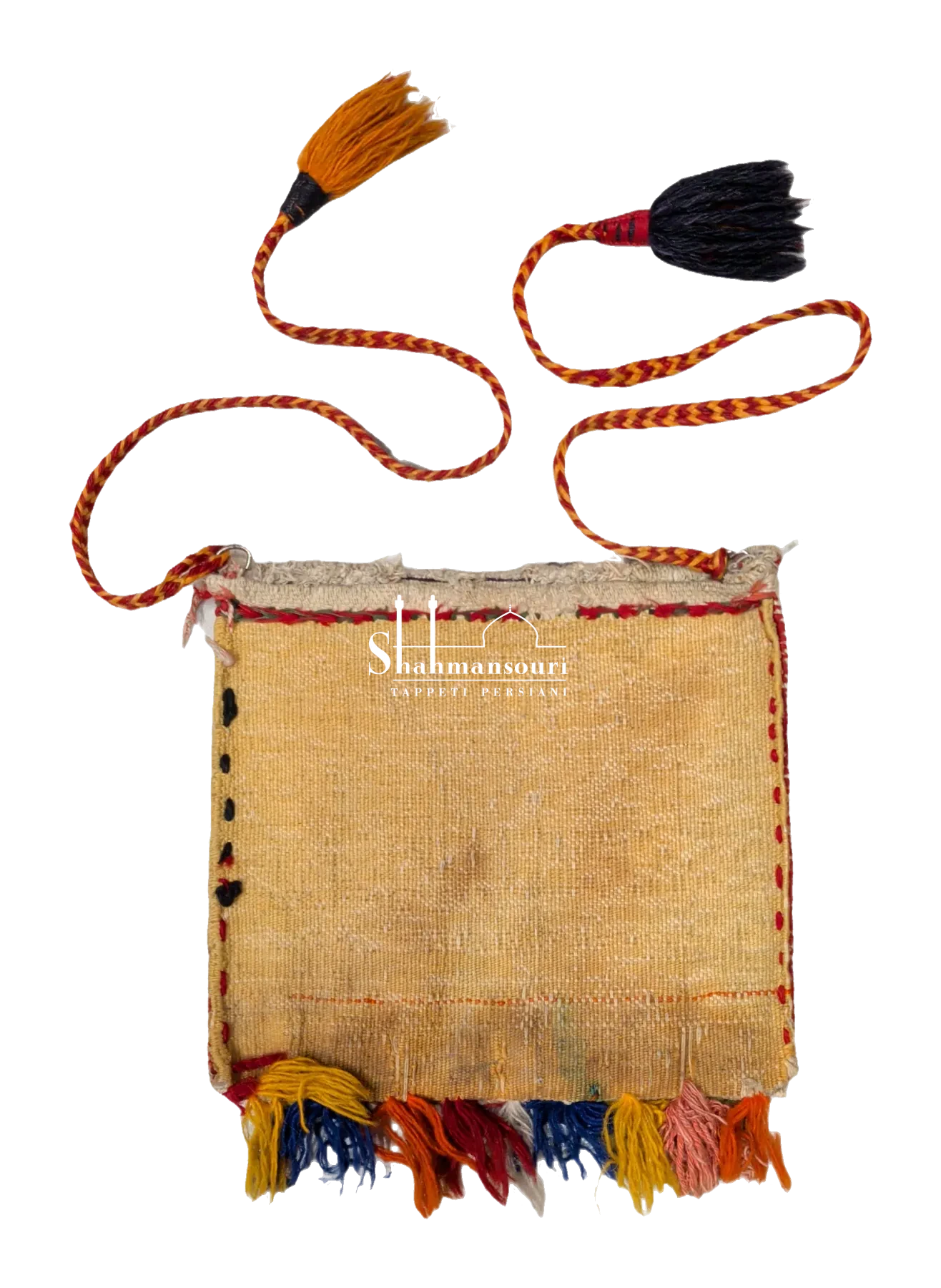 Qashqai persiano rosso con medaglione romboidale, bordura avorio, nappe multicolori e cordoncini rossi e gialli. - dettaglio 2