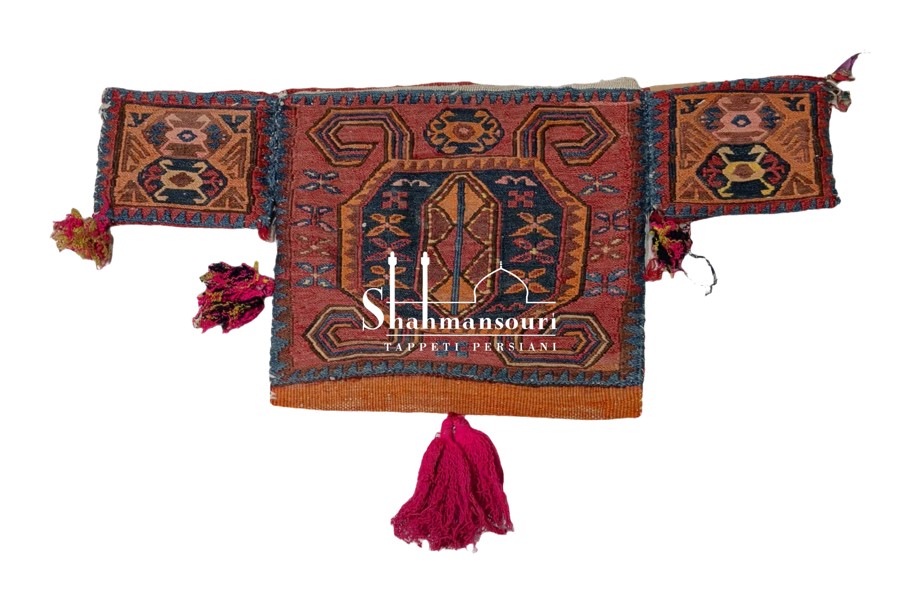 Qashoqdan Qashqai persiano con medaglione blu su fondo rosa, pannelli laterali arancio decorati e nappe fucsia.