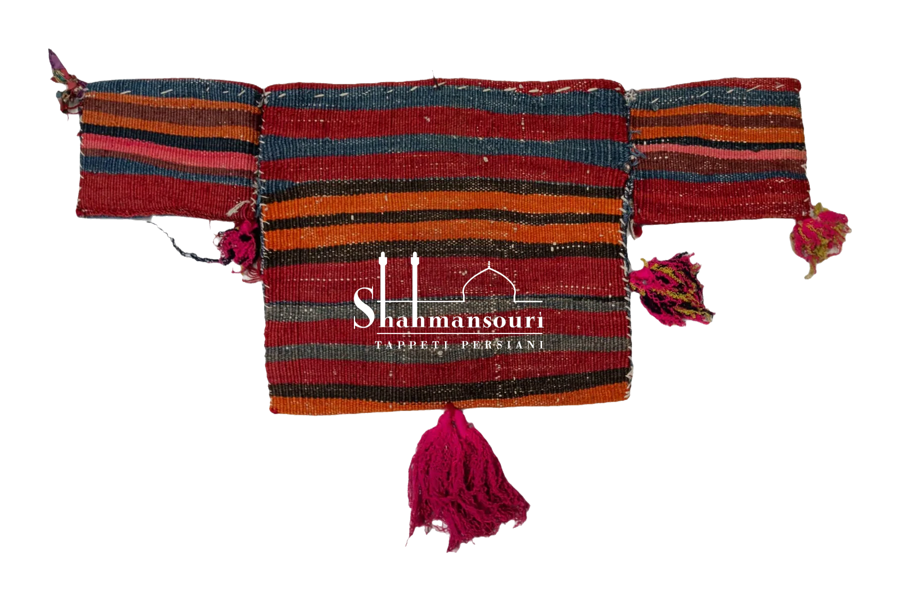 Qashoqdan Qashqai persiano con medaglione blu su fondo rosa, pannelli laterali arancio decorati e nappe fucsia. - dettaglio 2