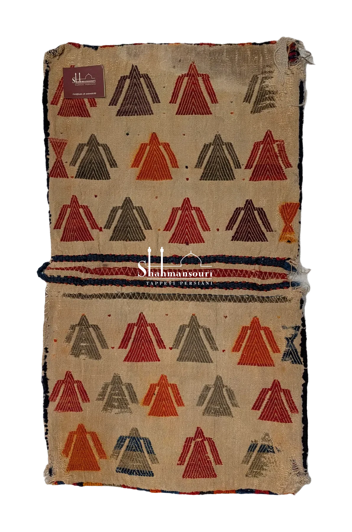 Khorjin Qashqai con due pannelli avorio a piccoli motivi scuri e arancio, bordure triangolari e asole blu scuro. - dettaglio 2