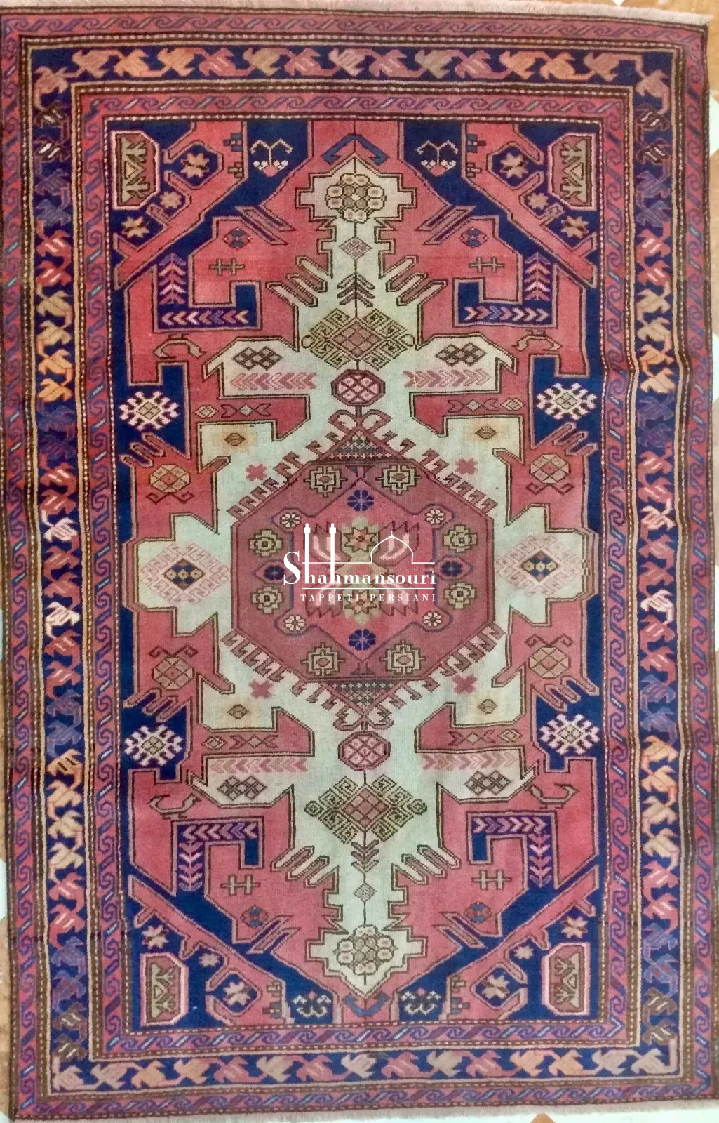 antico tappeto caucasico Derbend fatto a mano con motivi geometrici rosa e blu