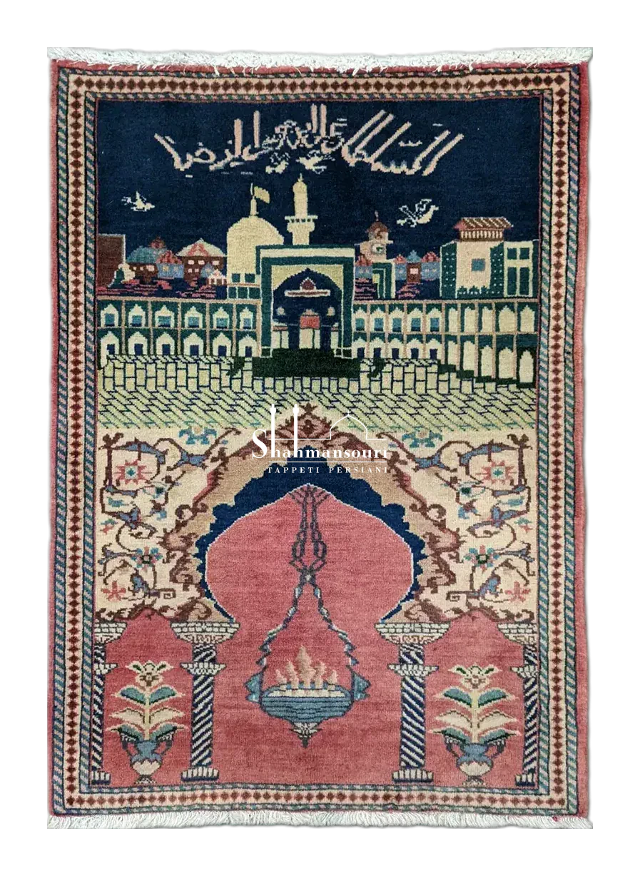 handmade Persian Abadeh figurative rug with mosque design