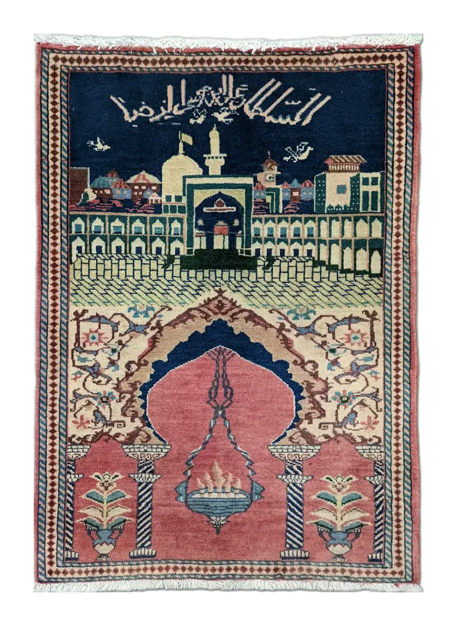 handmade Persian Abadeh figurative rug with mosque design