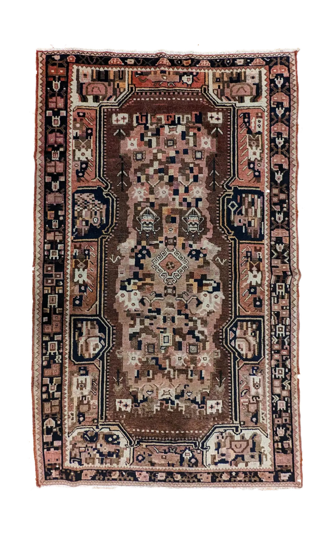 handmade Persian ArmaniBaf rug with tribal motifs on natural background