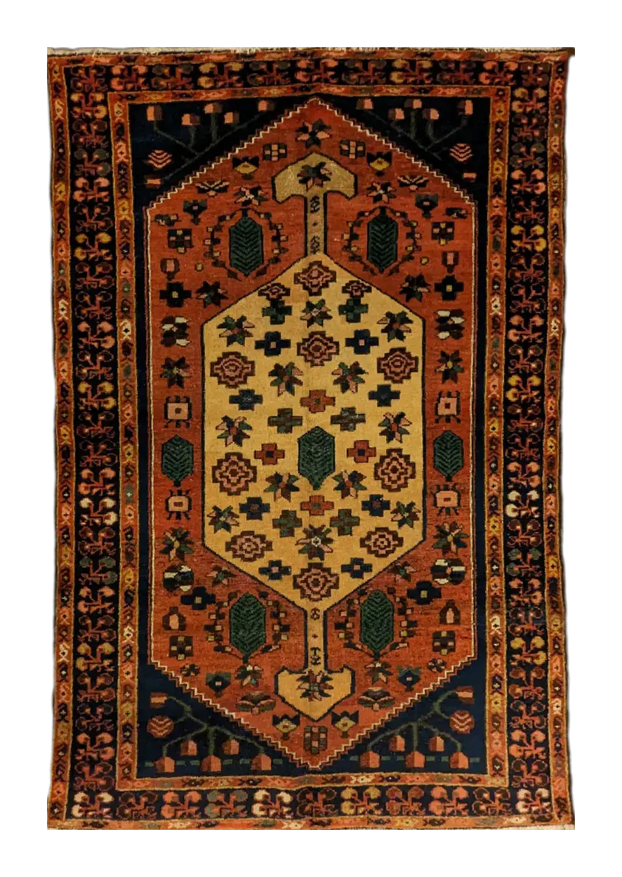 handmade Persian Baktiari rug with central medallion on red and beige background