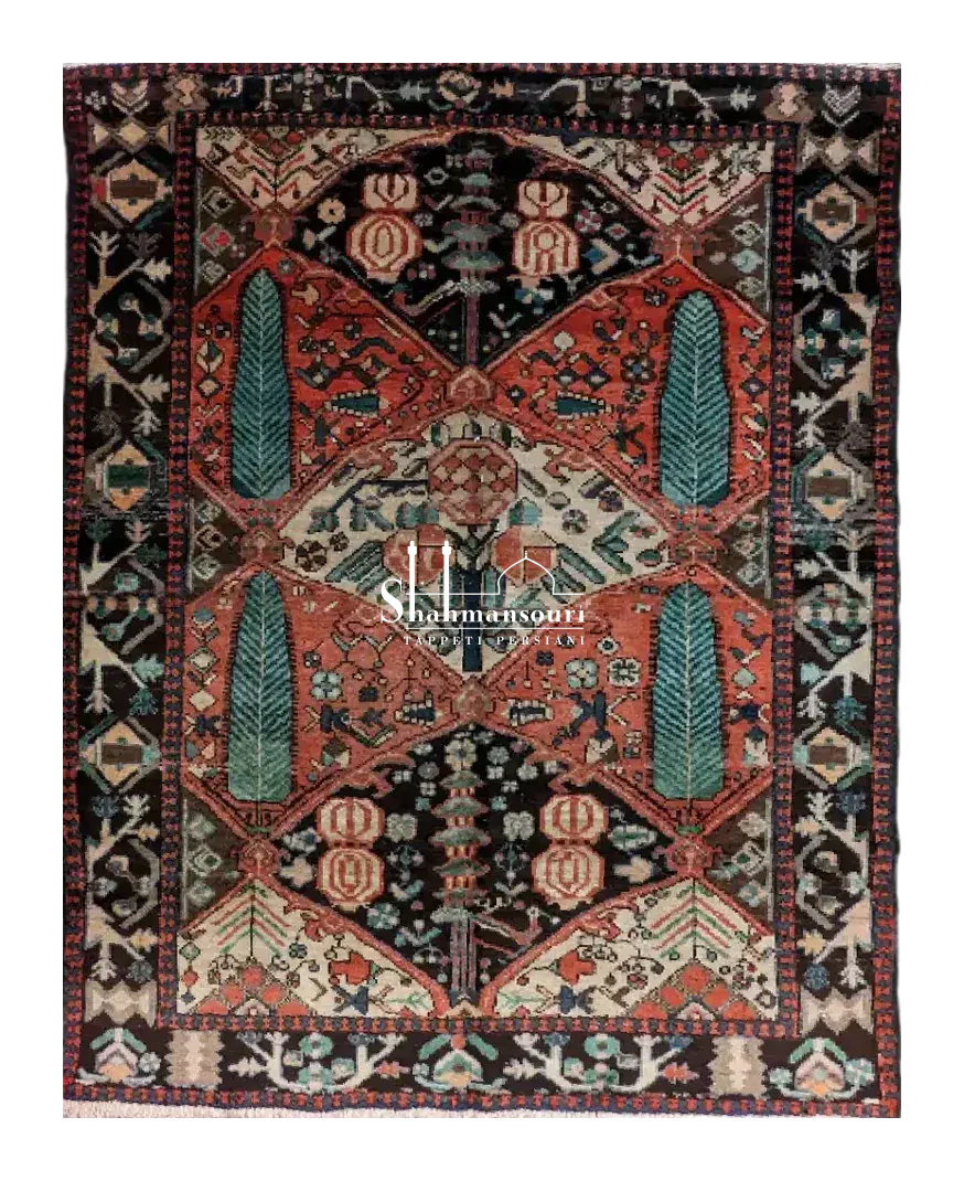 handmade Persian Baktiari rug with garden design and floral and animal motifs