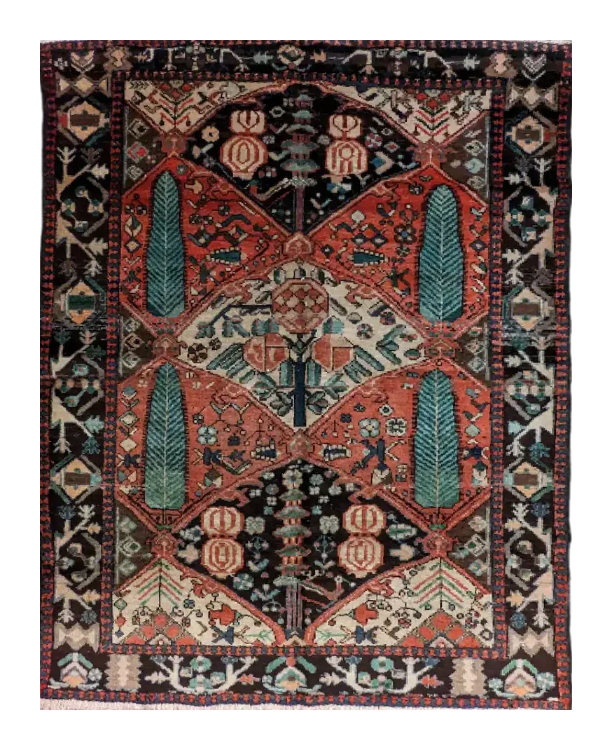 handmade Persian Baktiari rug with garden design and floral and animal motifs