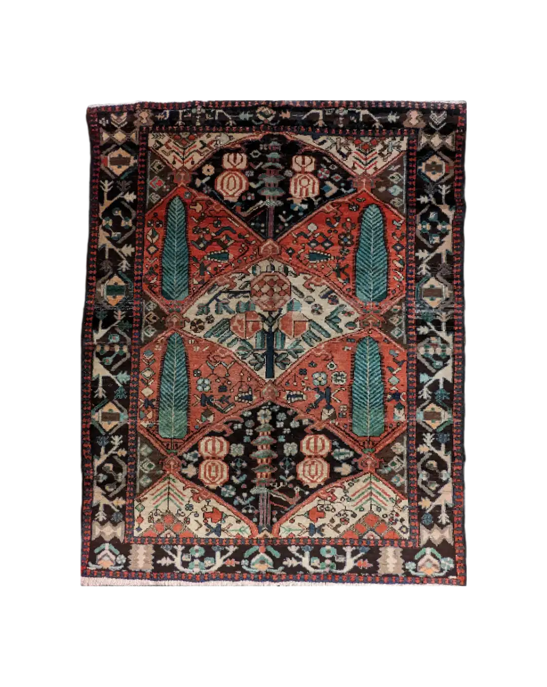 handmade Persian Bakhtiari rug with garden design and floral and animal motifs