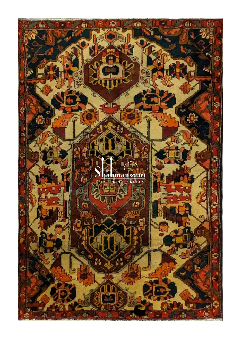 handmade Persian Baktiari rug with decorated garden design on light background