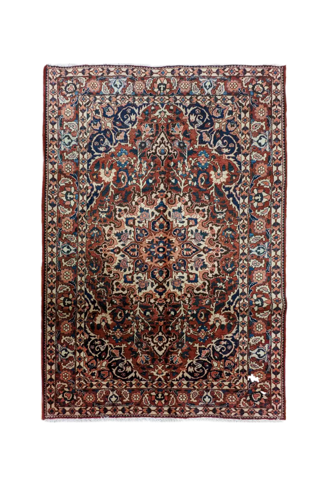 handmade Persian Bakhtiari rug with central medallion and floral motifs on red background